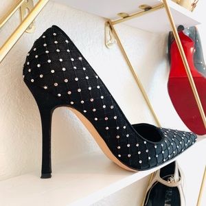 Black satin Swarovski crystal Manolo Blahnik high heel pointy pumps, size 37.5